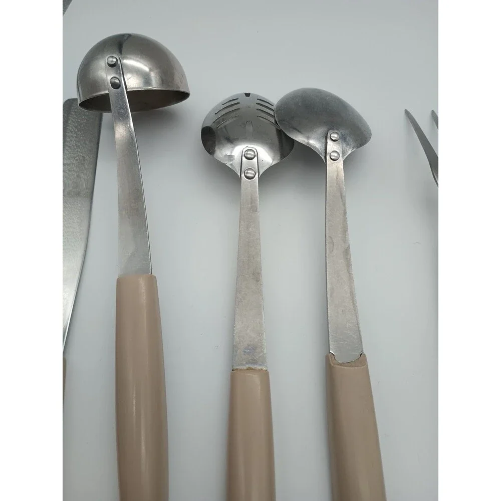 Vtg Flint Ekco Harvest Wheat Stainless 5 Piece Serving Set Slotted Spoon Ladle